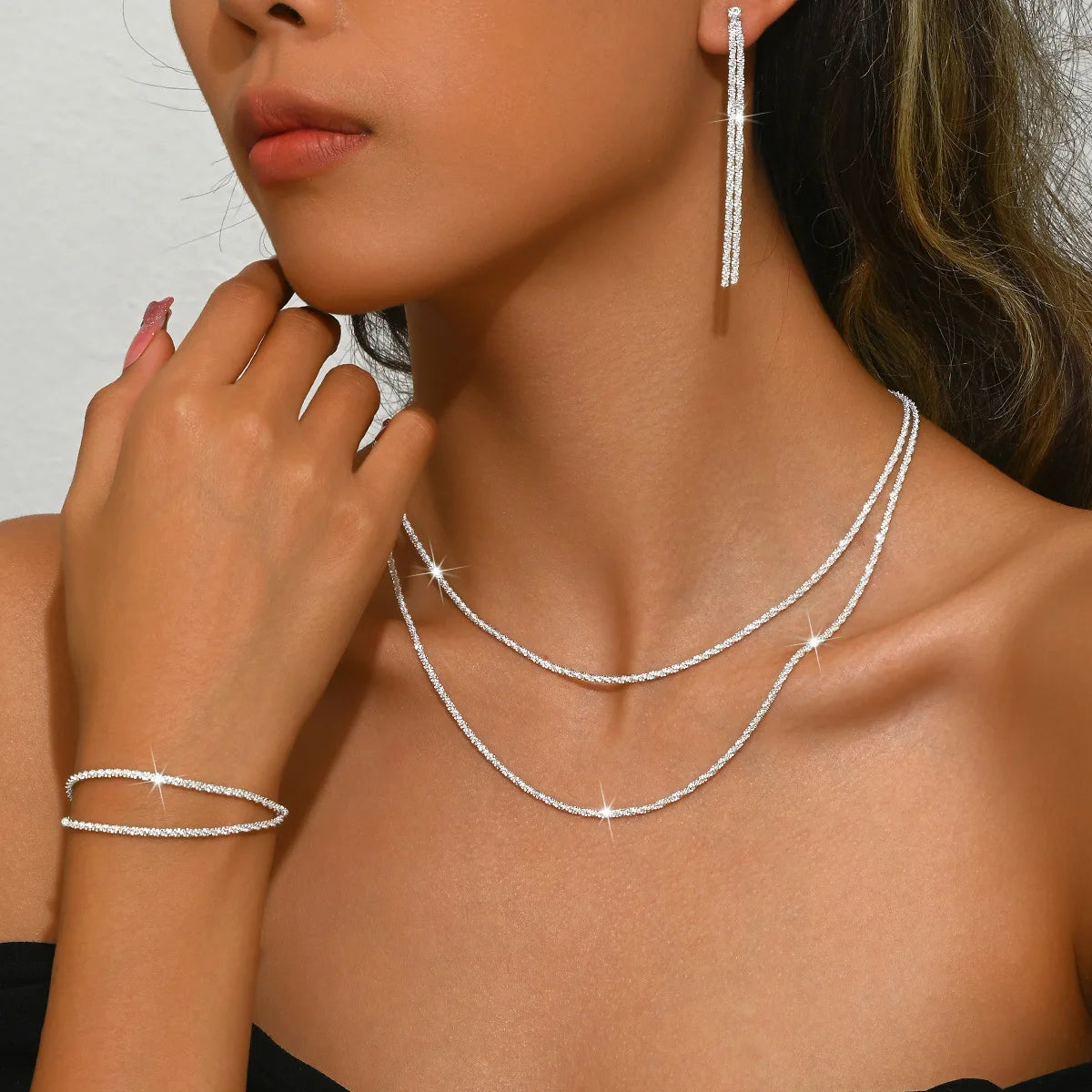 Set of Shiny Silver Plated Collarbone Chain Necklace Bracelet Jewelry