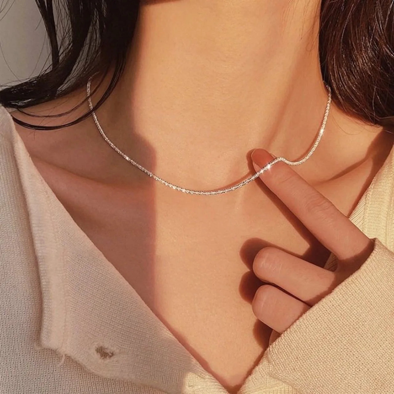 Set of Shiny Silver Plated Collarbone Chain Necklace Bracelet Jewelry