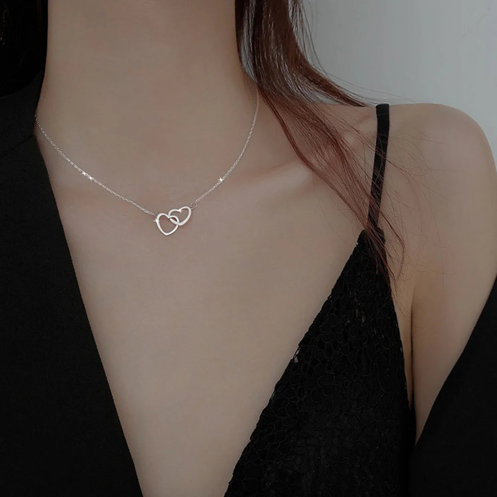 Simple Metal Hollow Double Heart Necklace for Women