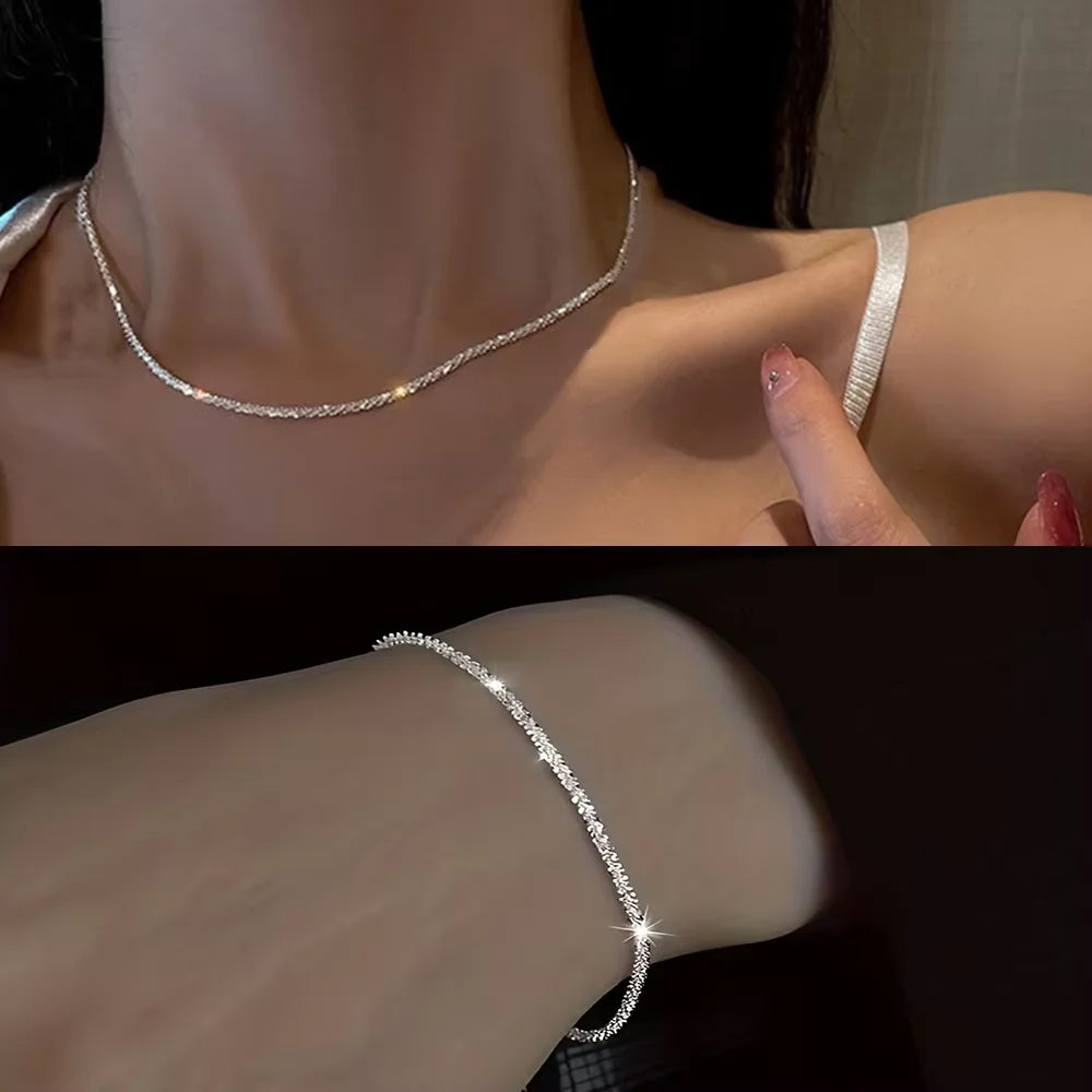 Set of Shiny Silver Plated Collarbone Chain Necklace Bracelet Jewelry