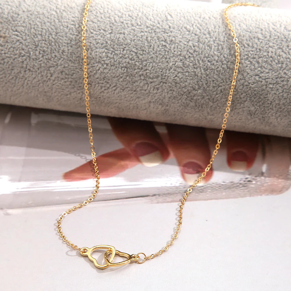 Simple Metal Hollow Double Heart Necklace for Women
