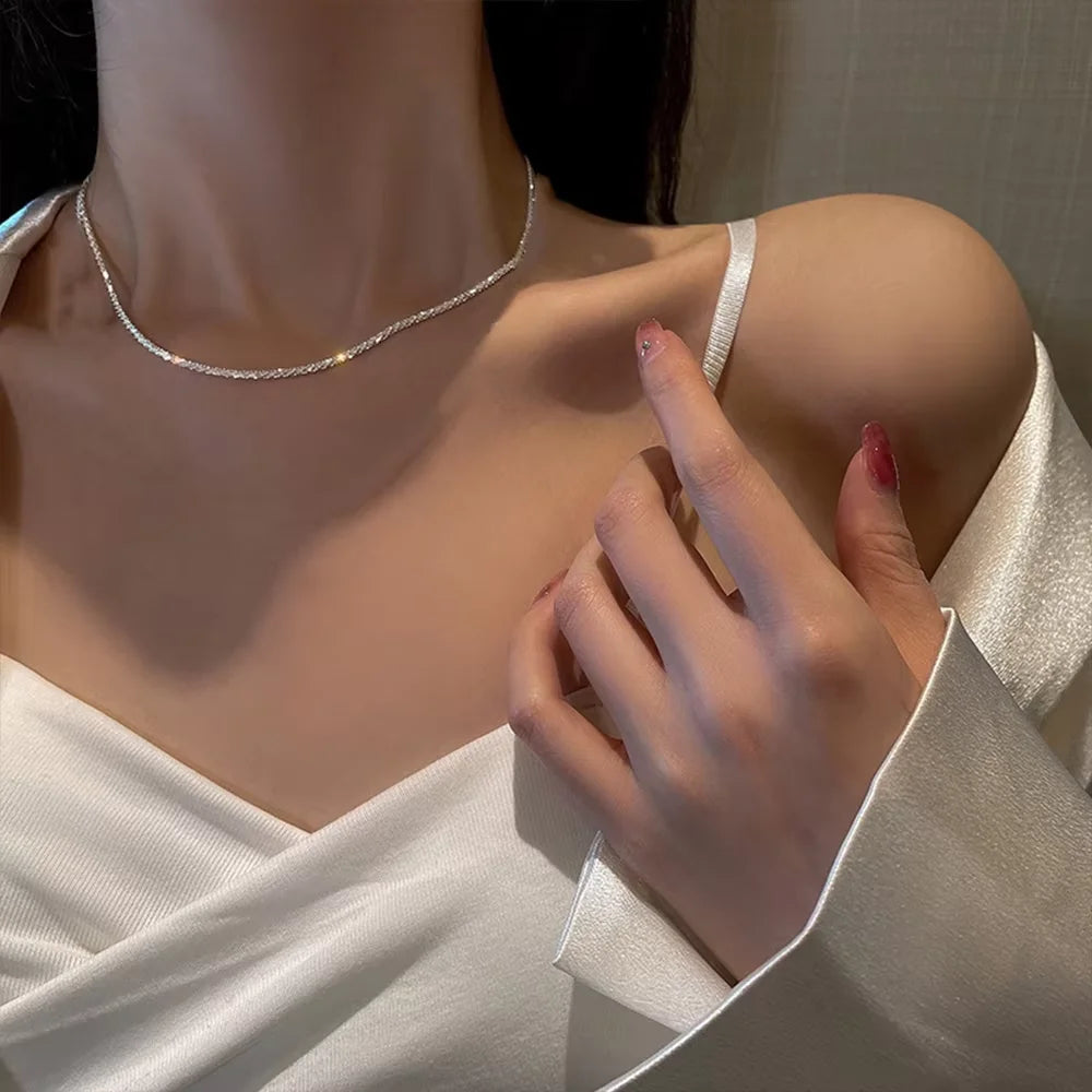 Set of Shiny Silver Plated Collarbone Chain Necklace Bracelet Jewelry